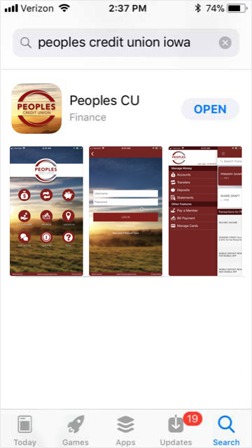 Image of Mobile App search options for Credit Union